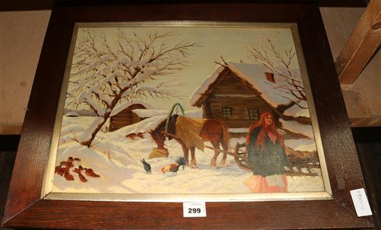 Oil - woman & horse in snow